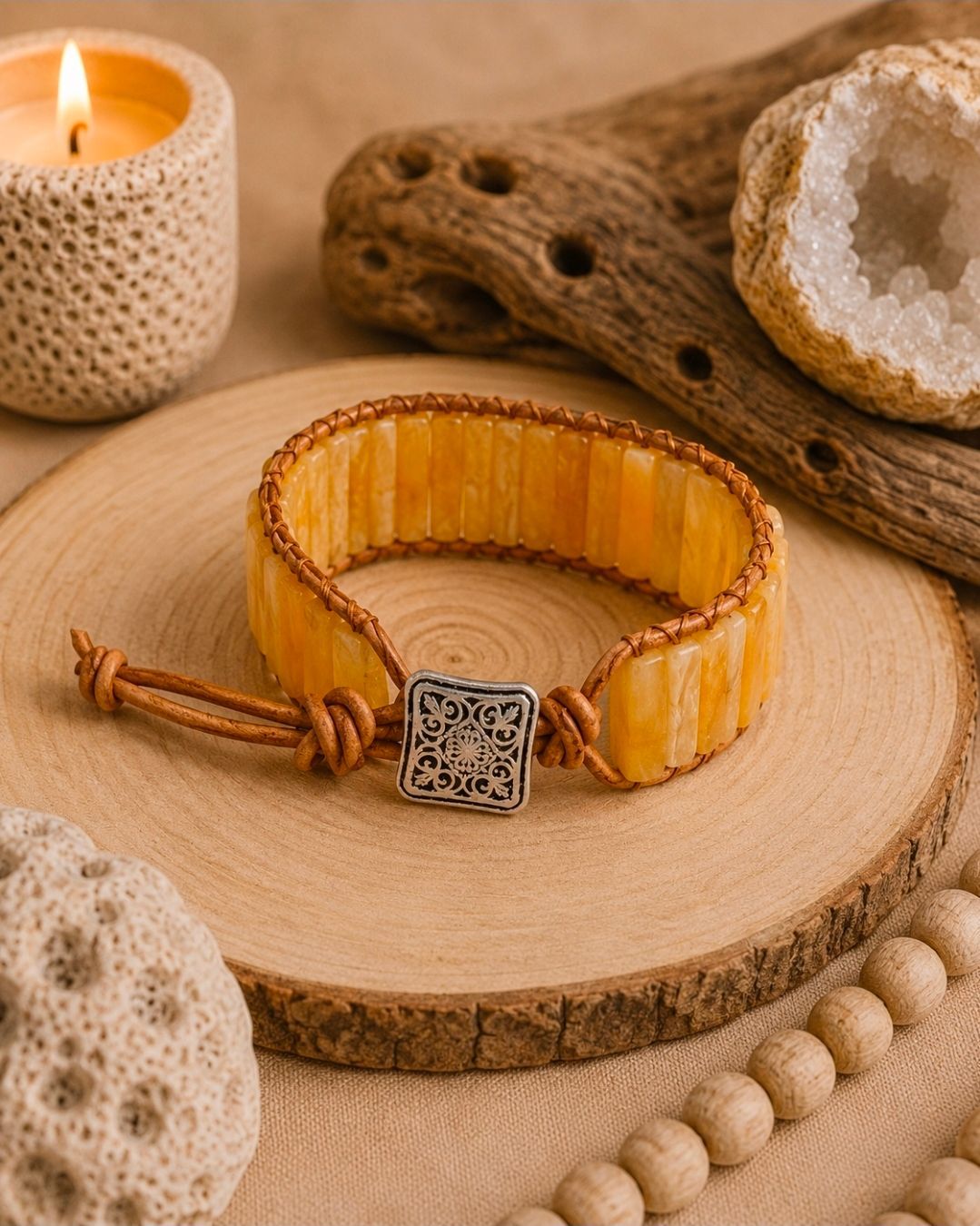 Amberkleurige kralenarmband op een houten schijf met kaars, gedroogde bloemen en een geweven mat.