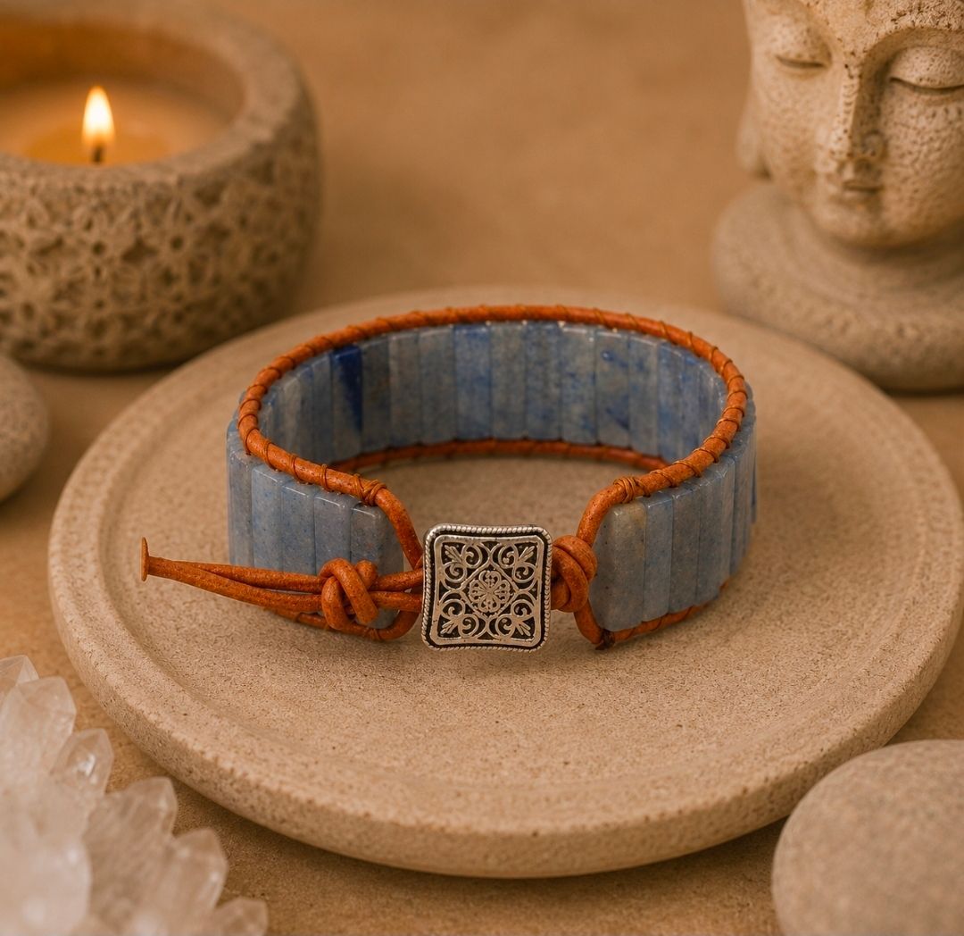 Een blauw-oranje geweven armband met zilveren sluiting op een beige schaaltje, naast klein Boeddhabeeldje.