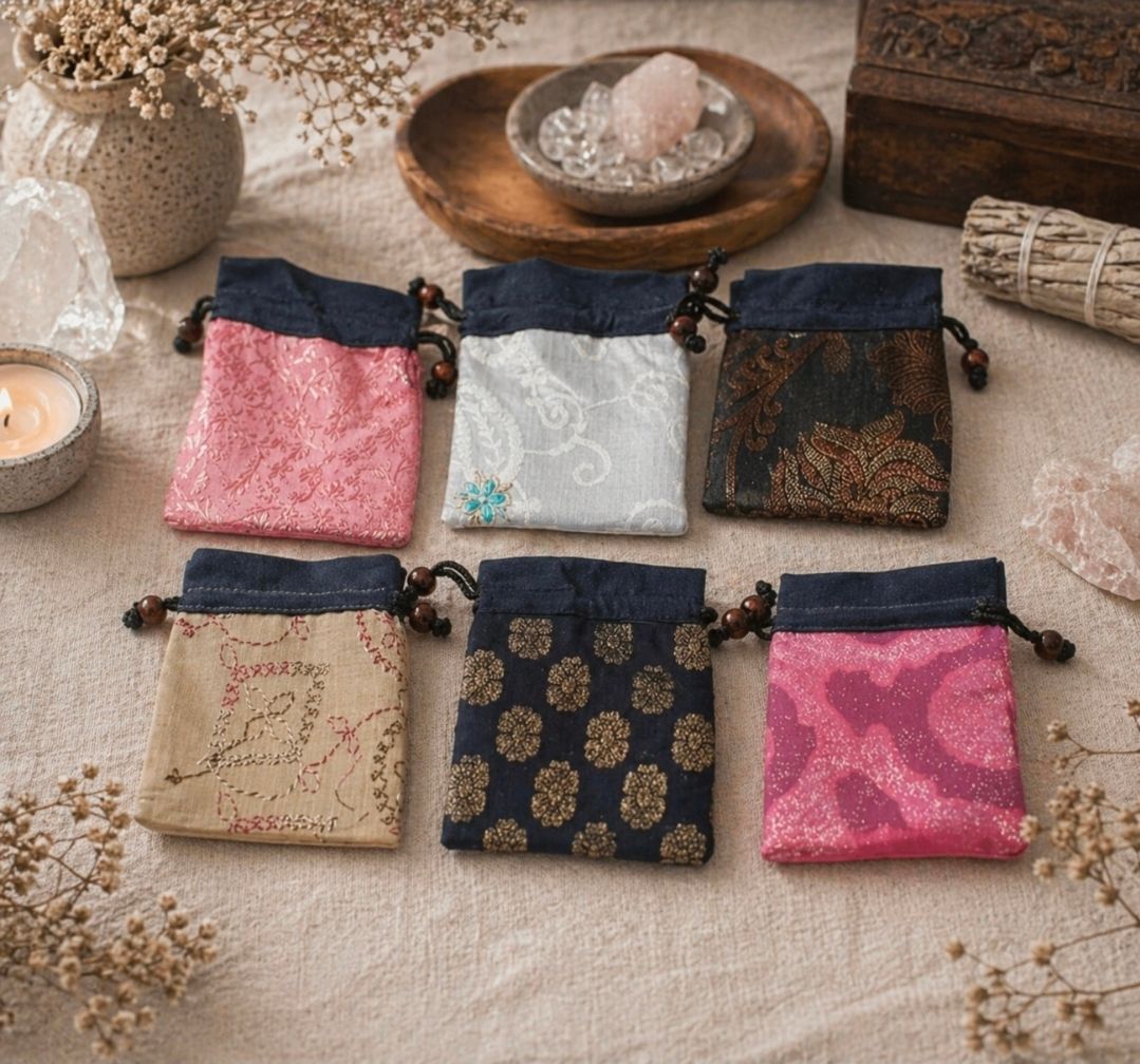 Zes kleine buideltjes met trekkoord in roze, wit, bruin en donkerblauw op een beige doek met kaarsen en gedroogde bloemen.