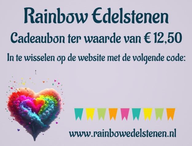 Rainbow Edelstenen cadeaubon van €12,50 met regenbooghart en website www.rainbowedelstenen.nl