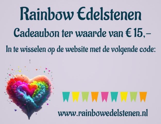 Rainbow Edelstenen cadeaubon van €15 met kleurrijk hart en website www.rainbowedelstenen.nl