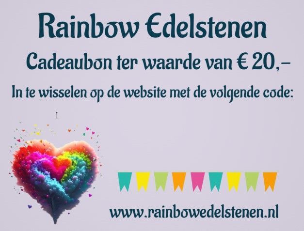 Rainbow Edelstenen cadeaubon van €20 met kleurrijk hart en website www.rainbowedelstenen.nl