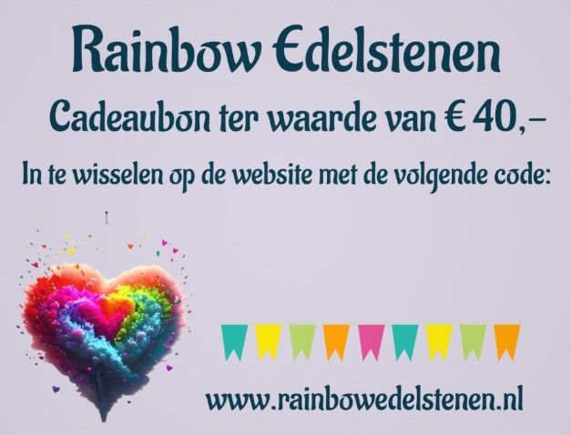 Rainbow Edelstenen cadeaubon van €40 met hartlogo en inwisselcode op rainbowedelstenen.nl