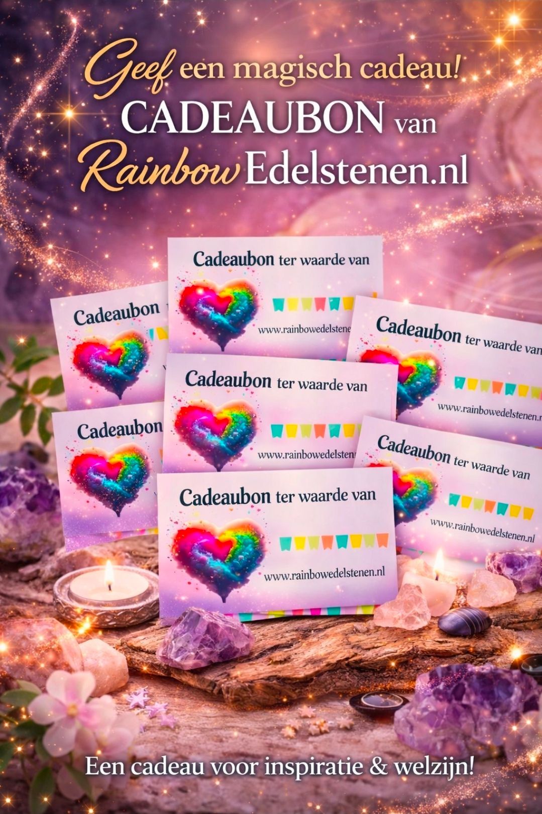 Promotionele collage van RainbowEdelstenen.nl cadeaubonnen met kleurrijke hartballonnen en fonkelende kristallen.