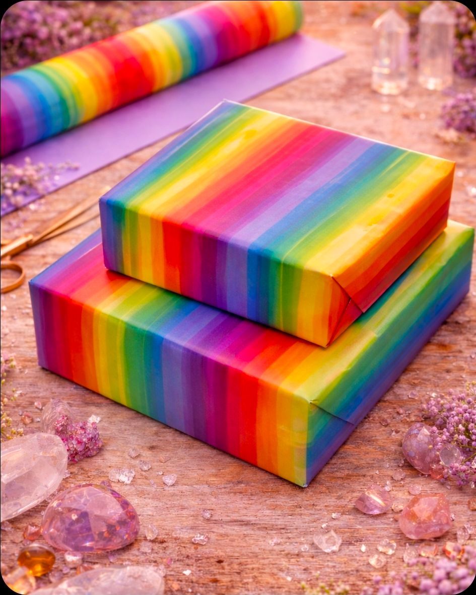 Twee regenboogkleurige geschenkdozen op een roze, glinsterende ondergrond met kristallen in de buurt.