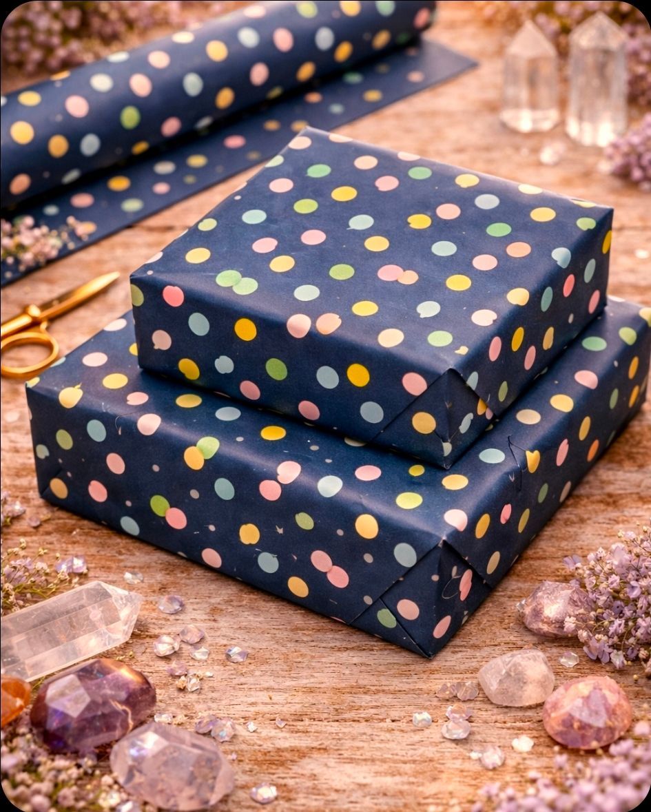 Twee donkerblauwe geschenkdozen met stippenpatroon op een houten ondergrond, versierd met kristallen en lint.
