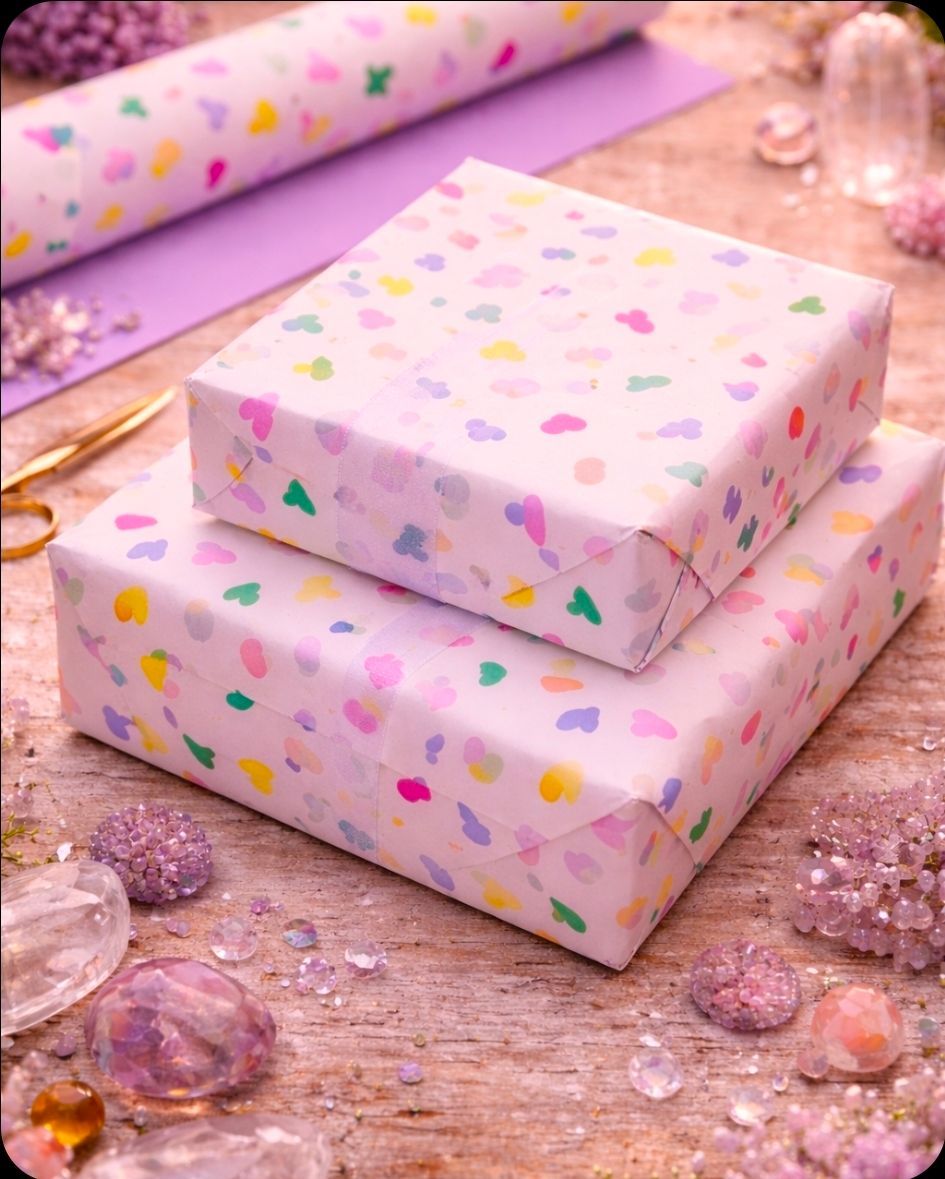 Twee pastelkleurige geschenkdozen met hartjespatronen op een roze, glinsterend oppervlak, omringd door rozenkwartsstenen.