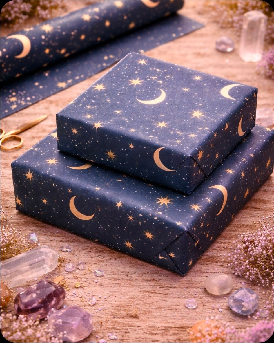 Twee donkerblauwe geschenkdozen met gouden sterren en halve manen op een houten ondergrond, omringd door kristallen.