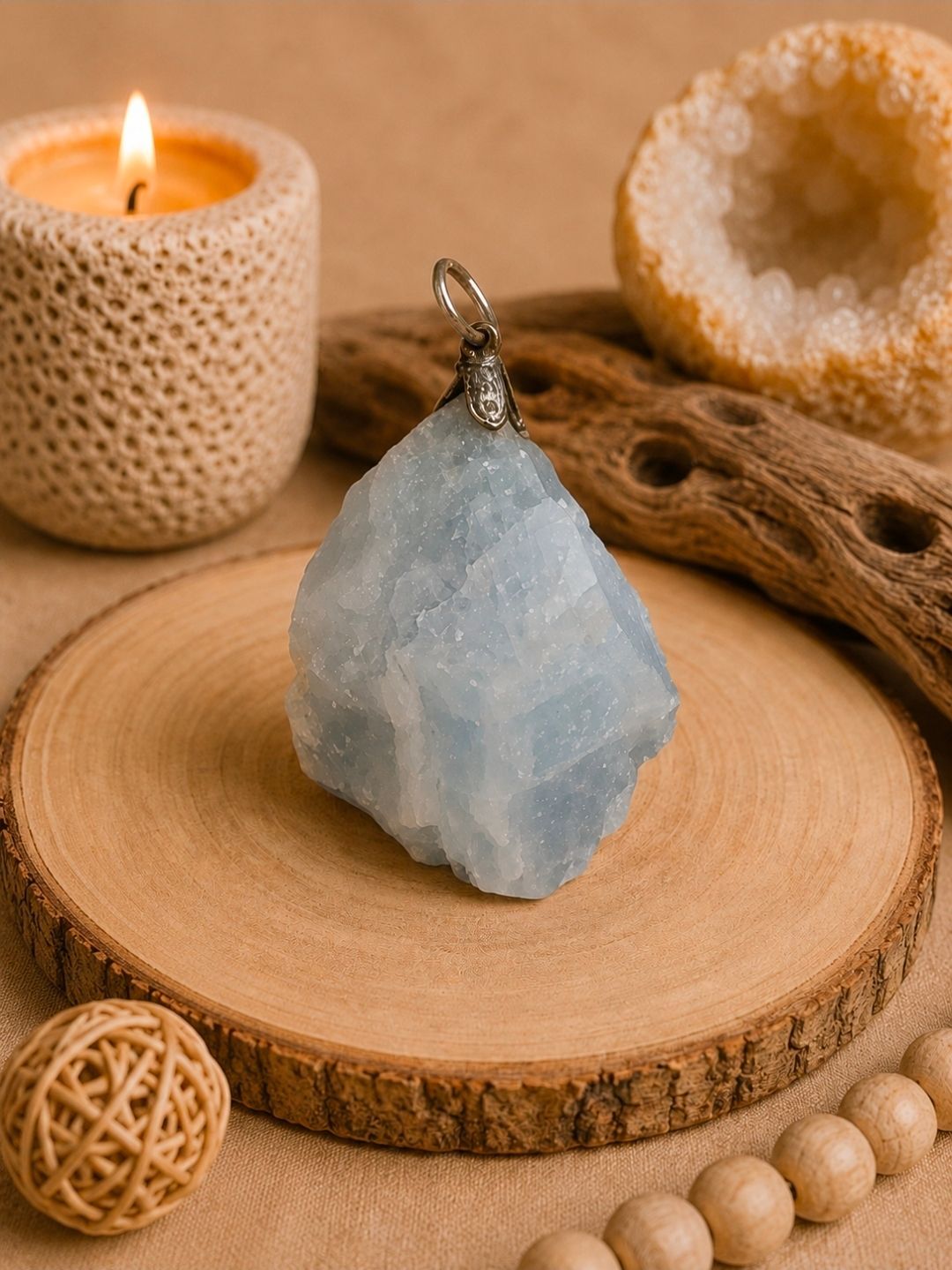 Blauwe kristallen hanger op een houten schijf, omringd door een brandende kaars en decoratieve kralen.