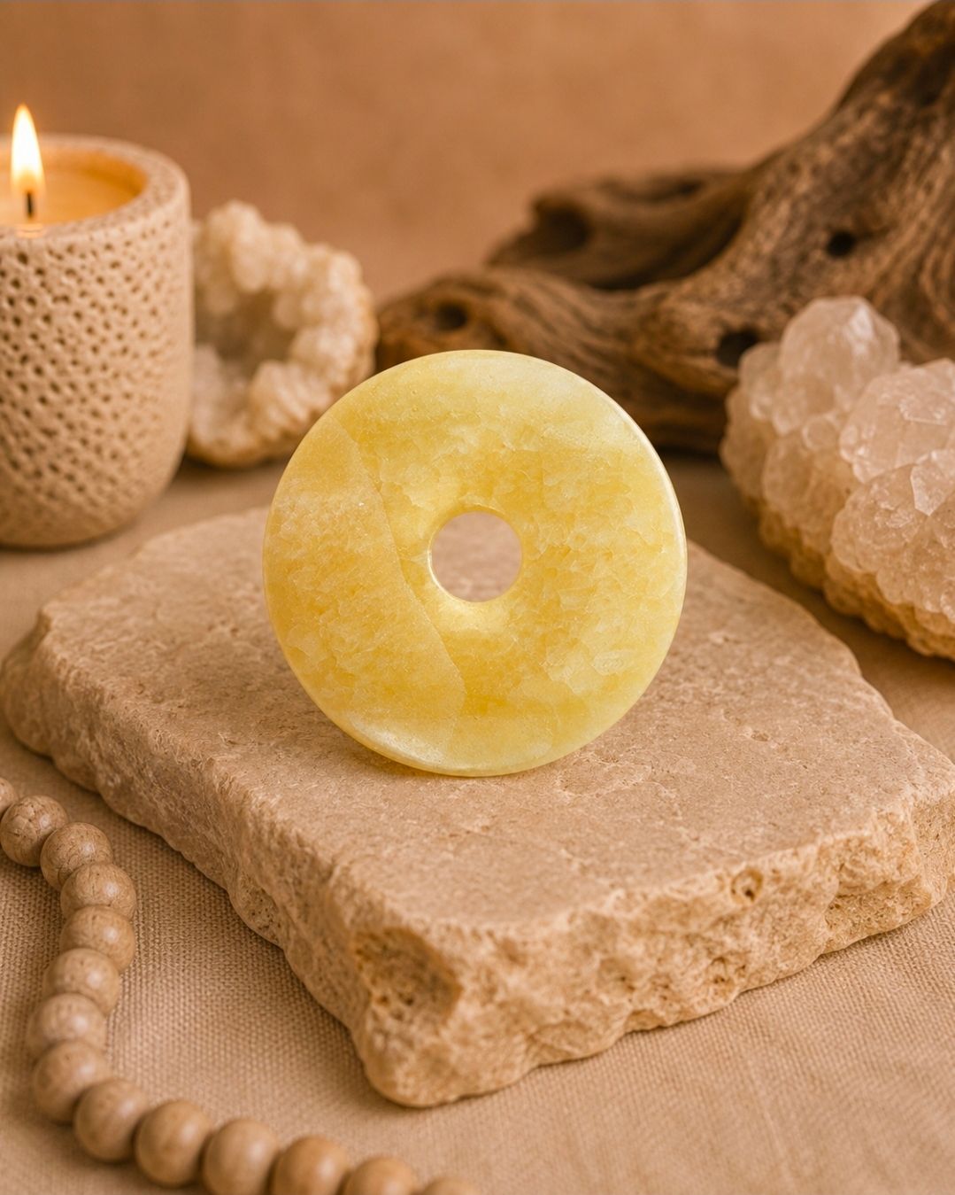Een gele, donutvormige kaars op een stenen plaat met textuur, omringd door neutrale spa-decoratie en kralen.