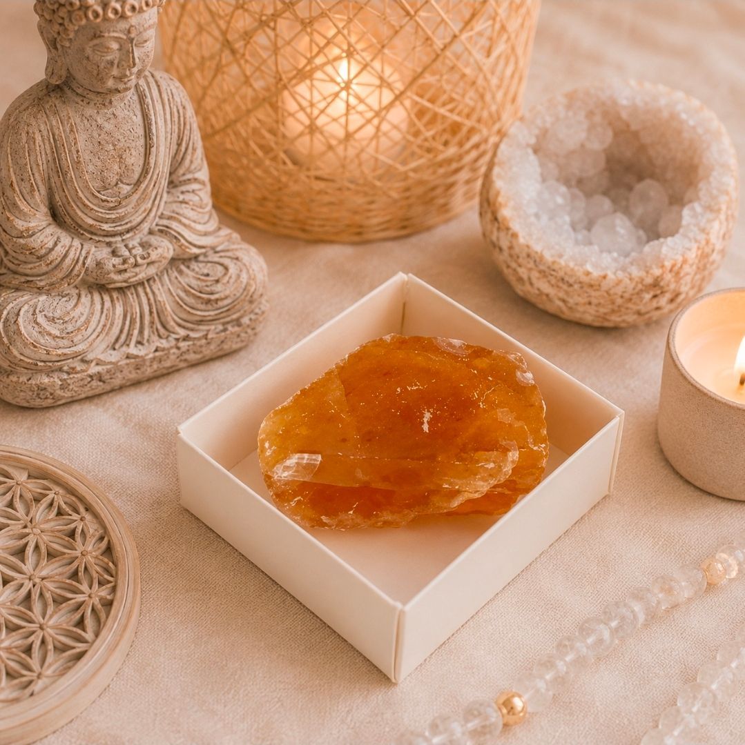 Amberkleurig kristal op een witte schaal met een Boeddhabeeldje, kaars, rieten decoratie en zachte beige verlichting.