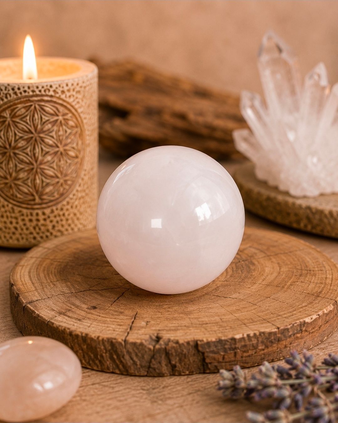 Een rozenkwartsbol op een houten schijf met een brandende kaars en kristallen in een rustgevende spa-setting.