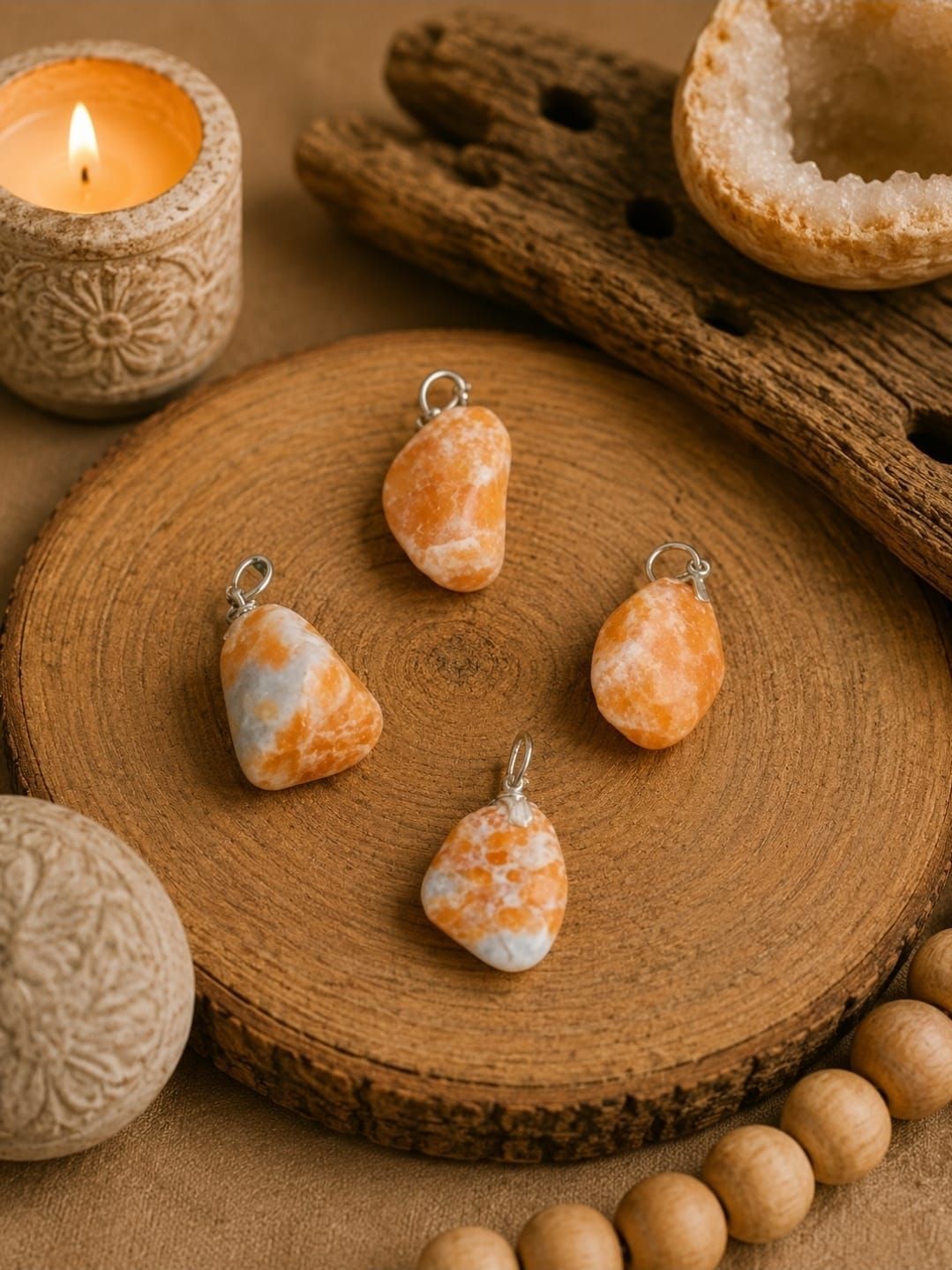 Oranje en witte edelsteenhangers op een houten dienblad met kaarsen en decoratieve kralen.