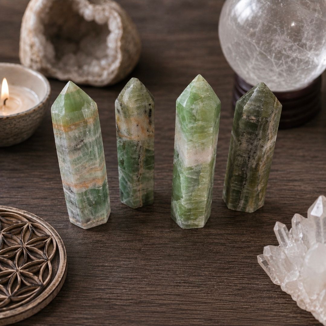 Groene kristallen torens staan ​​op een houten tafel met kaarsen en decoratieve stenen.