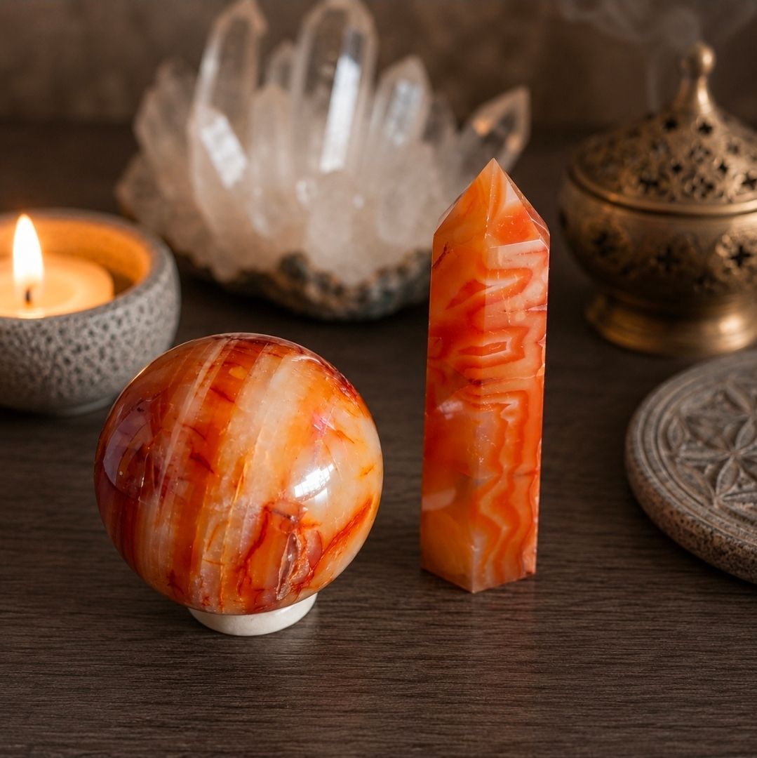 Oranje-witte kristallen bol en toren op een houten tafel met kaarslichtdecoratie in de buurt.