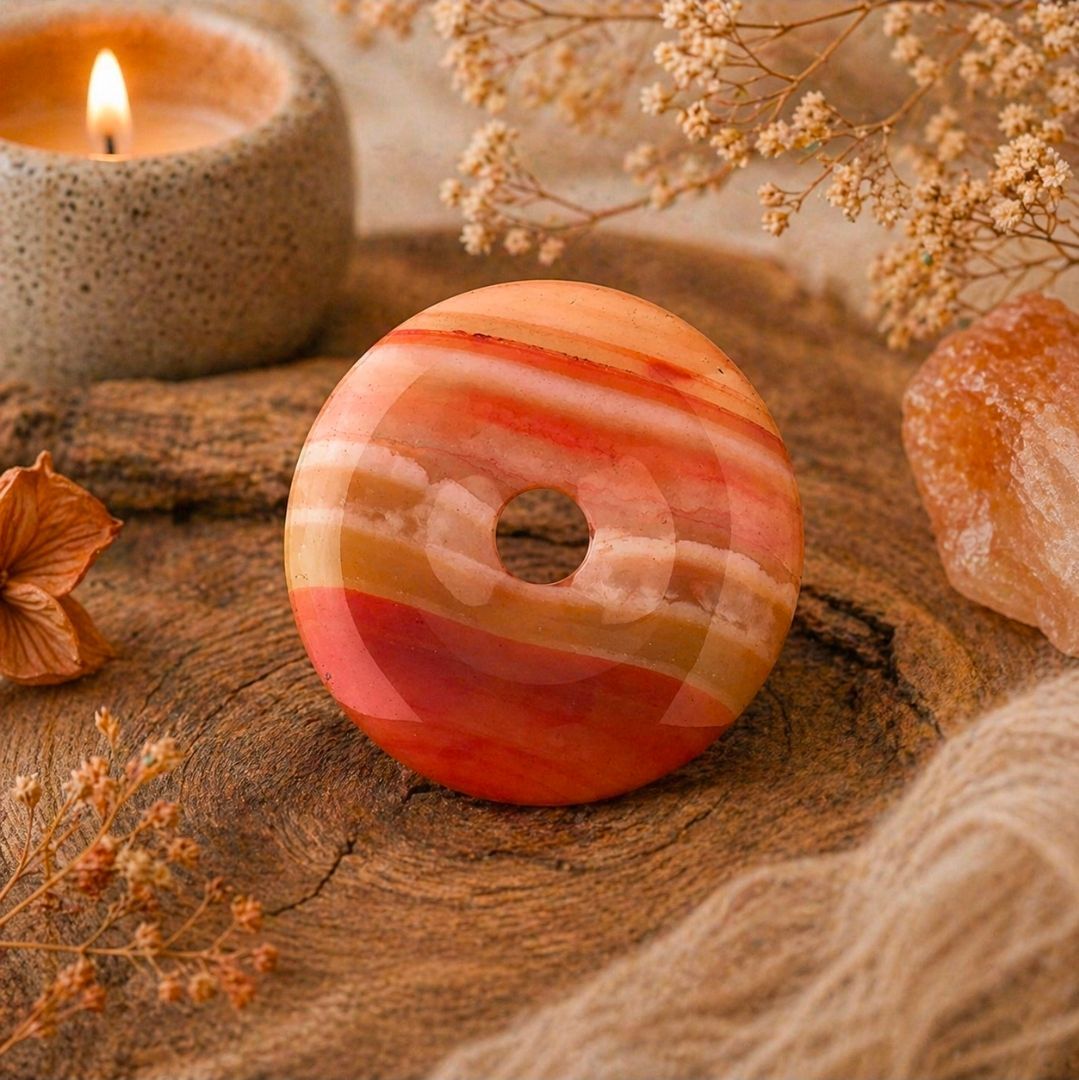Roze gestreepte ronde stenen hanger aan rustiek hout met gedroogde bloemen en een brandende kaars.