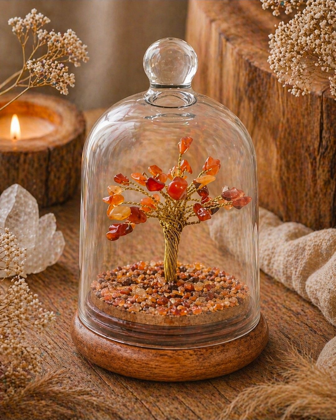 Glazen koepel met een klein oranje edelsteenboompje op een houten voetstuk ernaast, naast een brandende kaars.