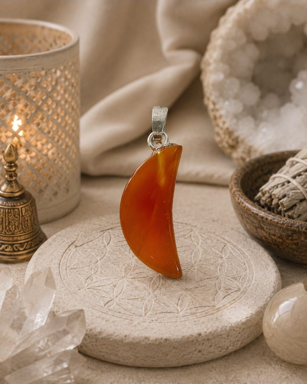 Amberkleurige halvemaanvormige hanger op een gebeeldhouwde ronde voet met kristallen en een kaars in een zachtbeige decor.