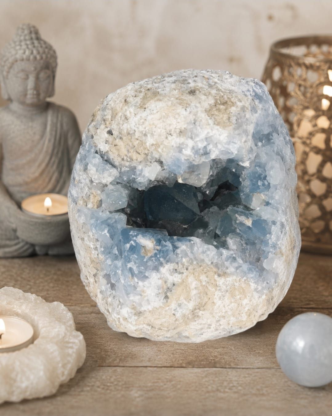 Een blauwe kristallen geode als middelpunt op een houten tafel, geflankeerd door kaarsen, een Boeddhabeeld en een kleine bol.