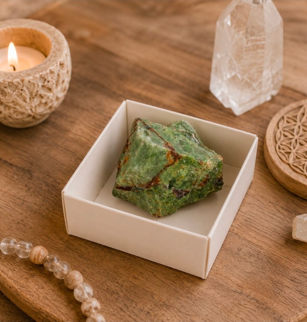 Groene kristallen in een klein wit doosje op een houten tafel met kaarsen en andere kristallen.