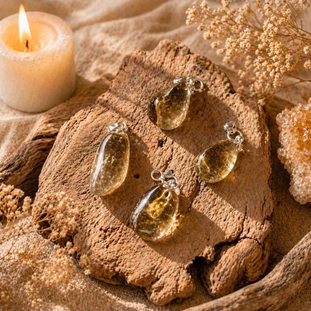Een spa-tafereel bij kaarslicht met druppels amberolie op een houten dienblad naast zoutkristallen en zand.