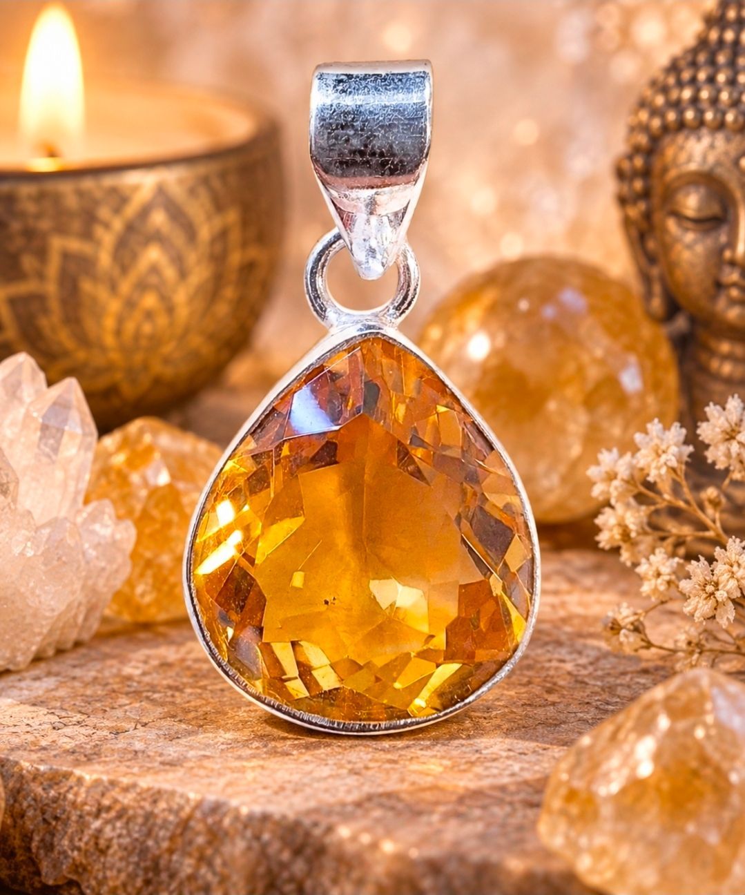 Citrine Pendant Silver - Drop Facet