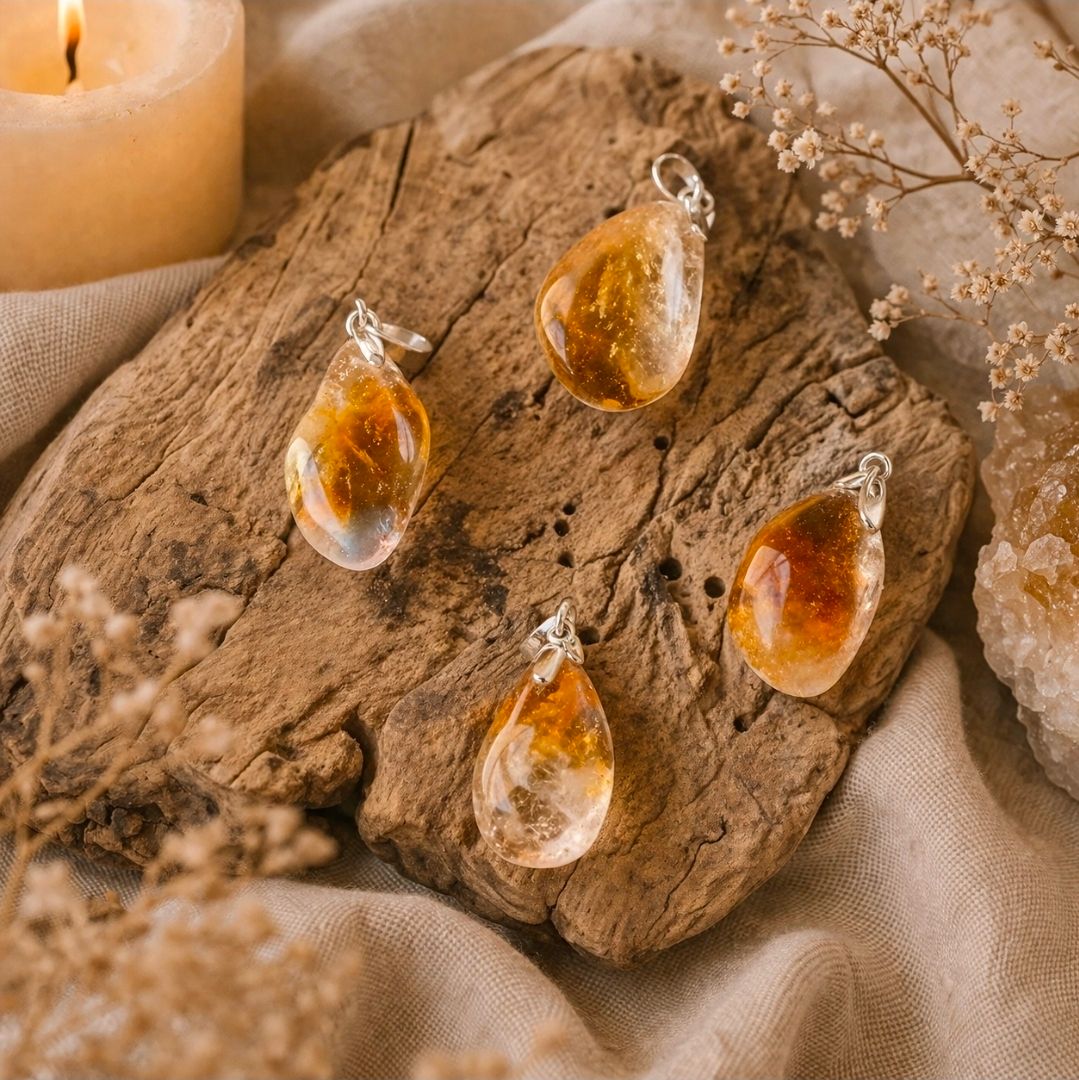 Amberkleurige glazen druppelhangers op een houten ondergrond met textuur, gecombineerd met beige stof en gedroogde bloemen.