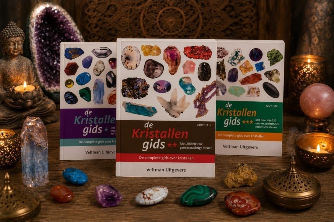 Gidsen over kristallen met kleurrijke edelstenen uitgestald op een decoratieve tafel met kaarsen en een klein beeldje.
