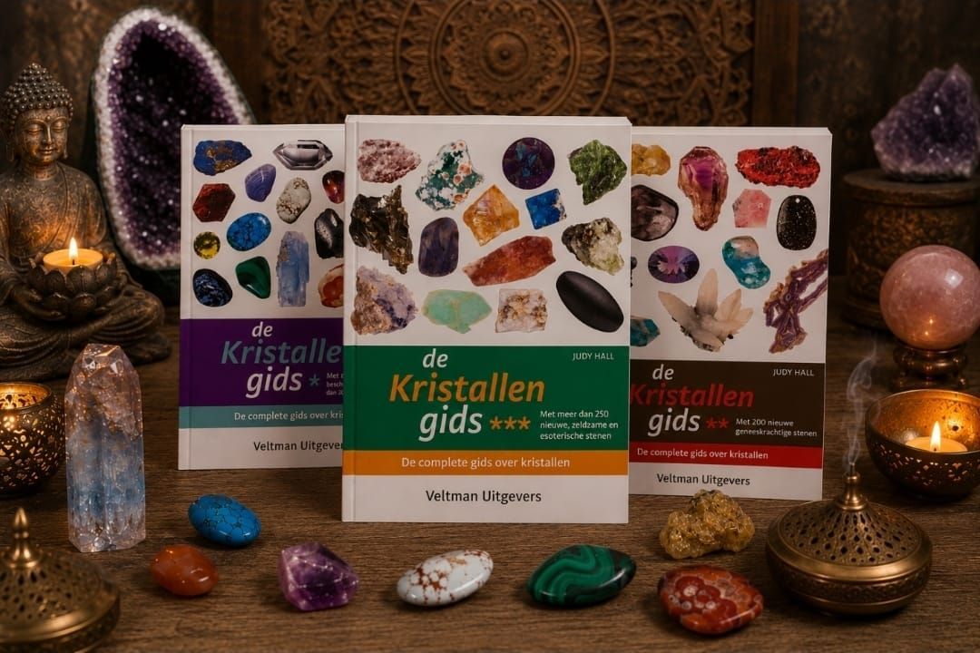 Drie boeken met kristallen als thema, kleurrijke edelstenen op een houten tafel en decoratieve kristallen op de achtergrond.