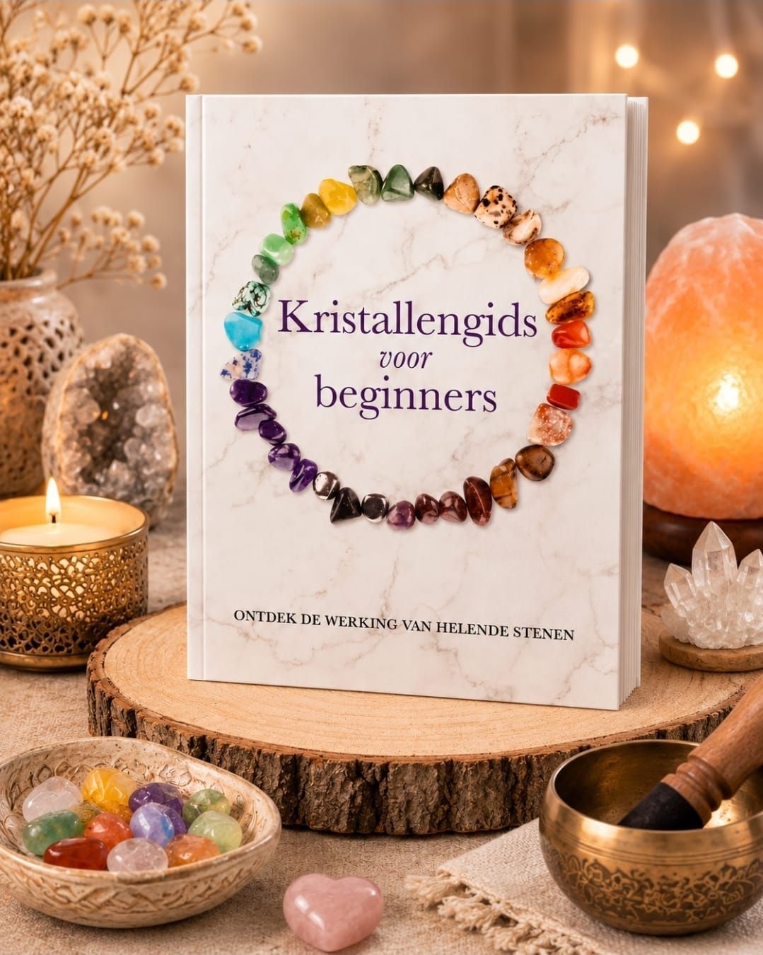 Kristallengids voor beginners: een boek met een edelsteenring op een warm, door kaarsen verlicht kristallen altaar.