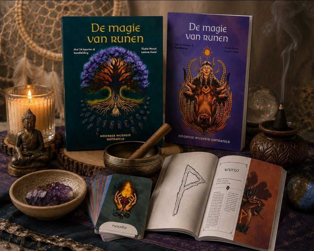 Twee fantasyboeken op een tafel bij kaarslicht, met een kom, vijzel, toverboek en kristallen decoratie.