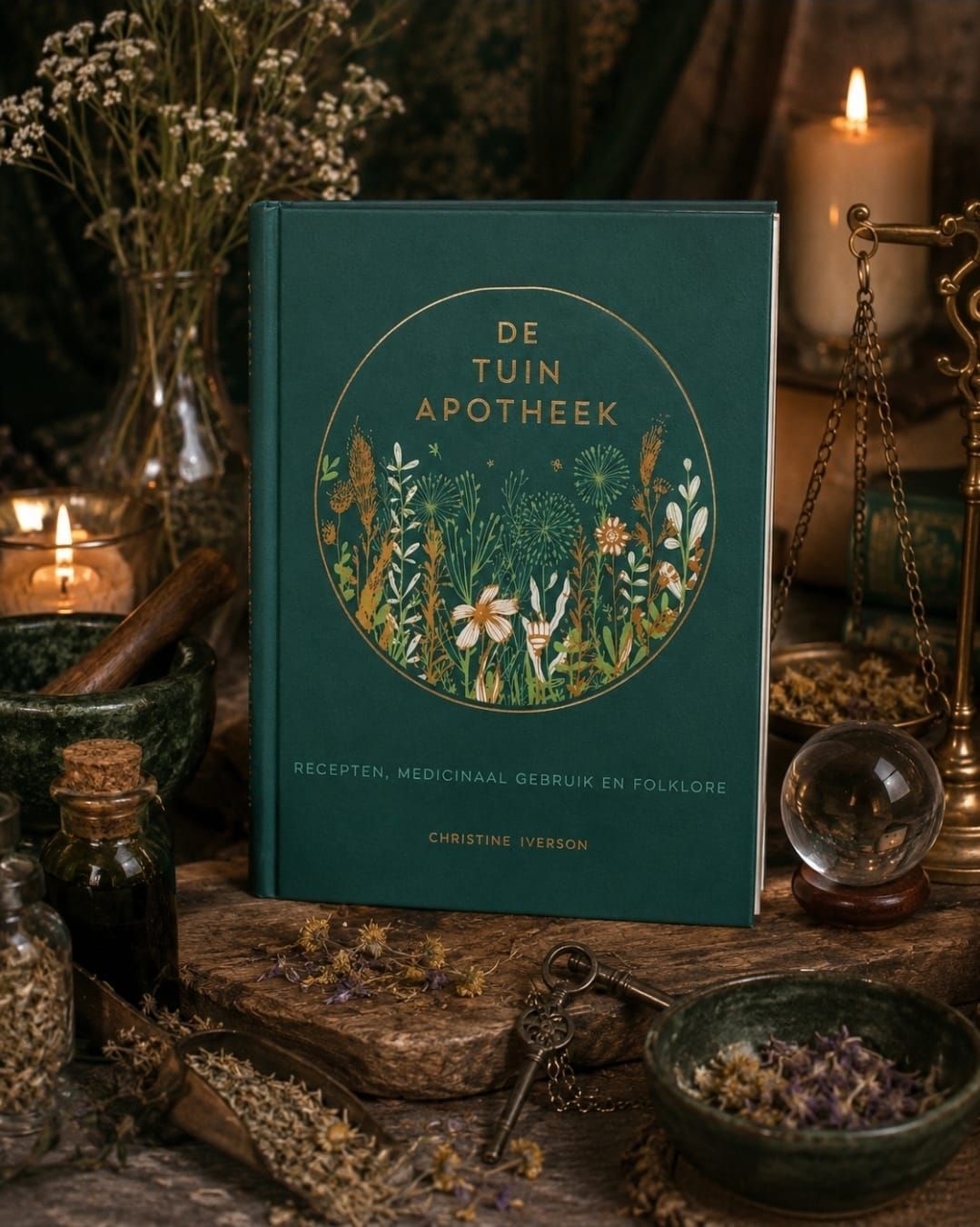 Groene apothekersdoos of -boek met botanische afbeeldingen, verlicht door kaarslicht op een rustieke tafel.