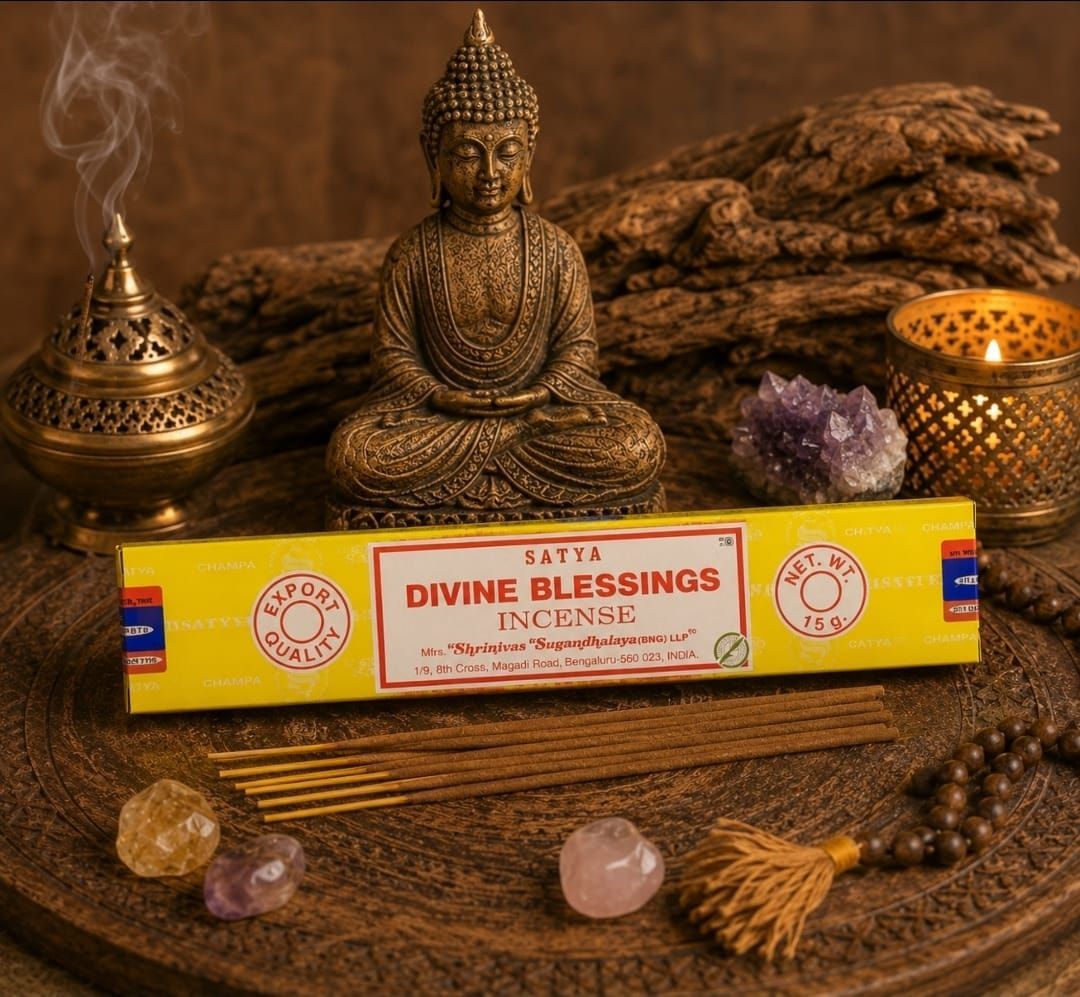 Boeddhabeeld met wierook en kristallen naast een geel doosje met 'Divine Blessings'-wierook.