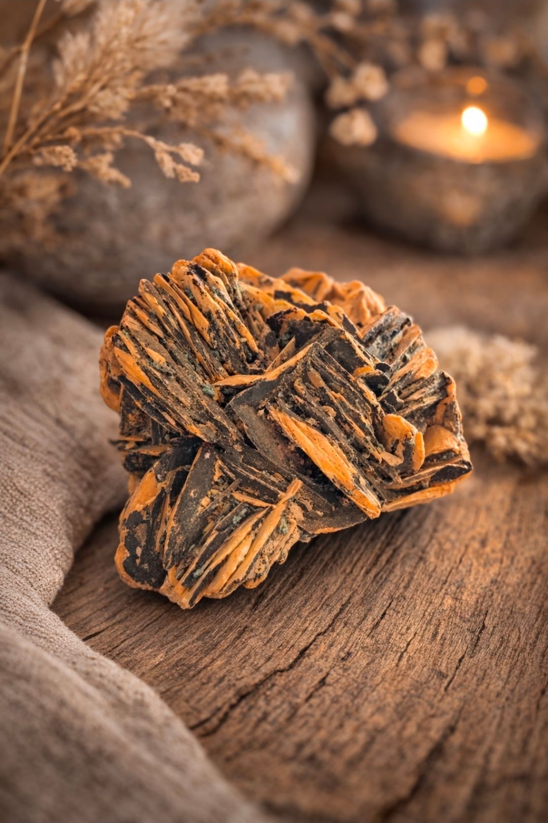 Een cluster van oranje en zwarte mineralen op een houten ondergrond, met een zacht gloeiende kaars op de achtergrond.