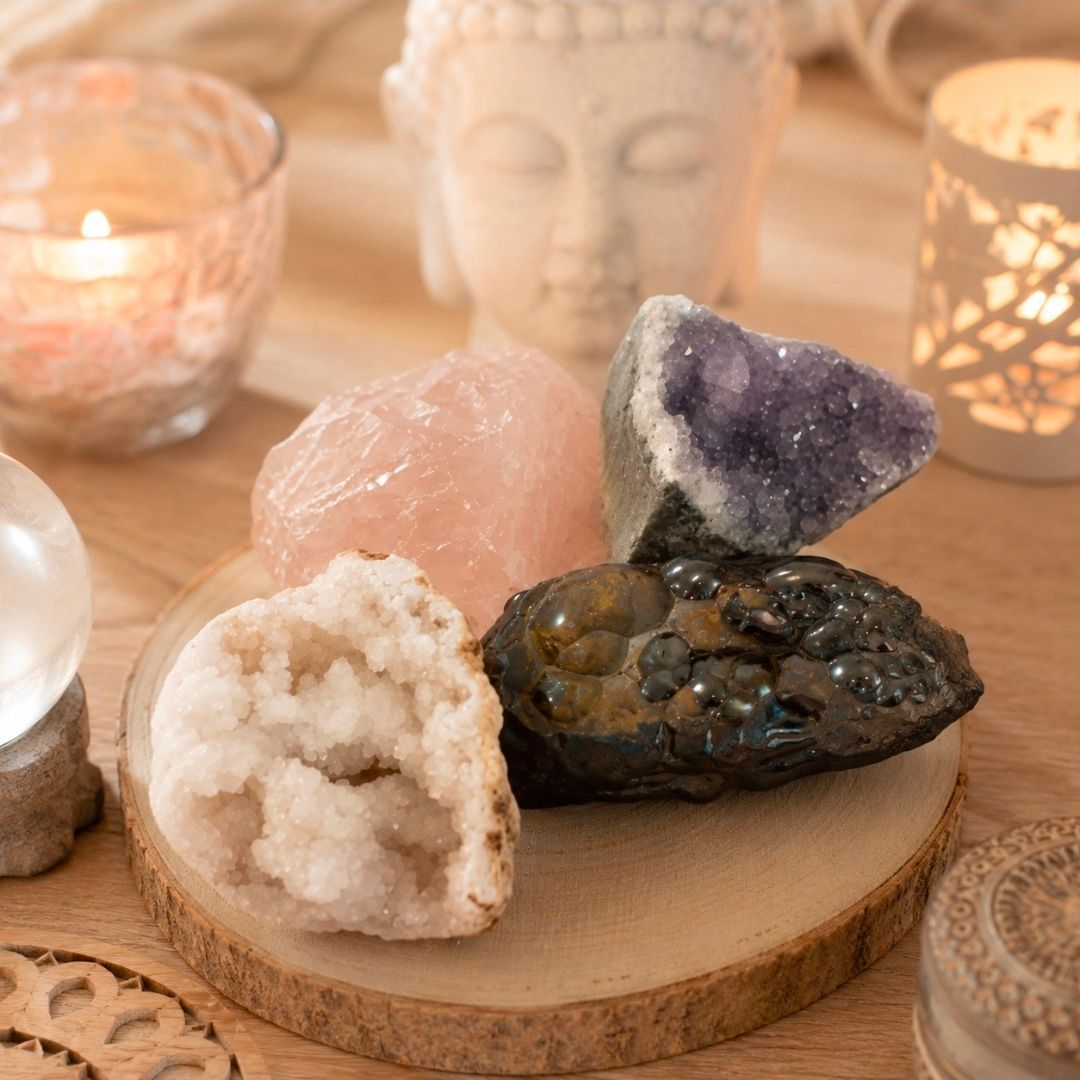 Diverse kristallen en geodes op een houten dienblad met kaarsen en een Boeddhabeeld op de achtergrond.