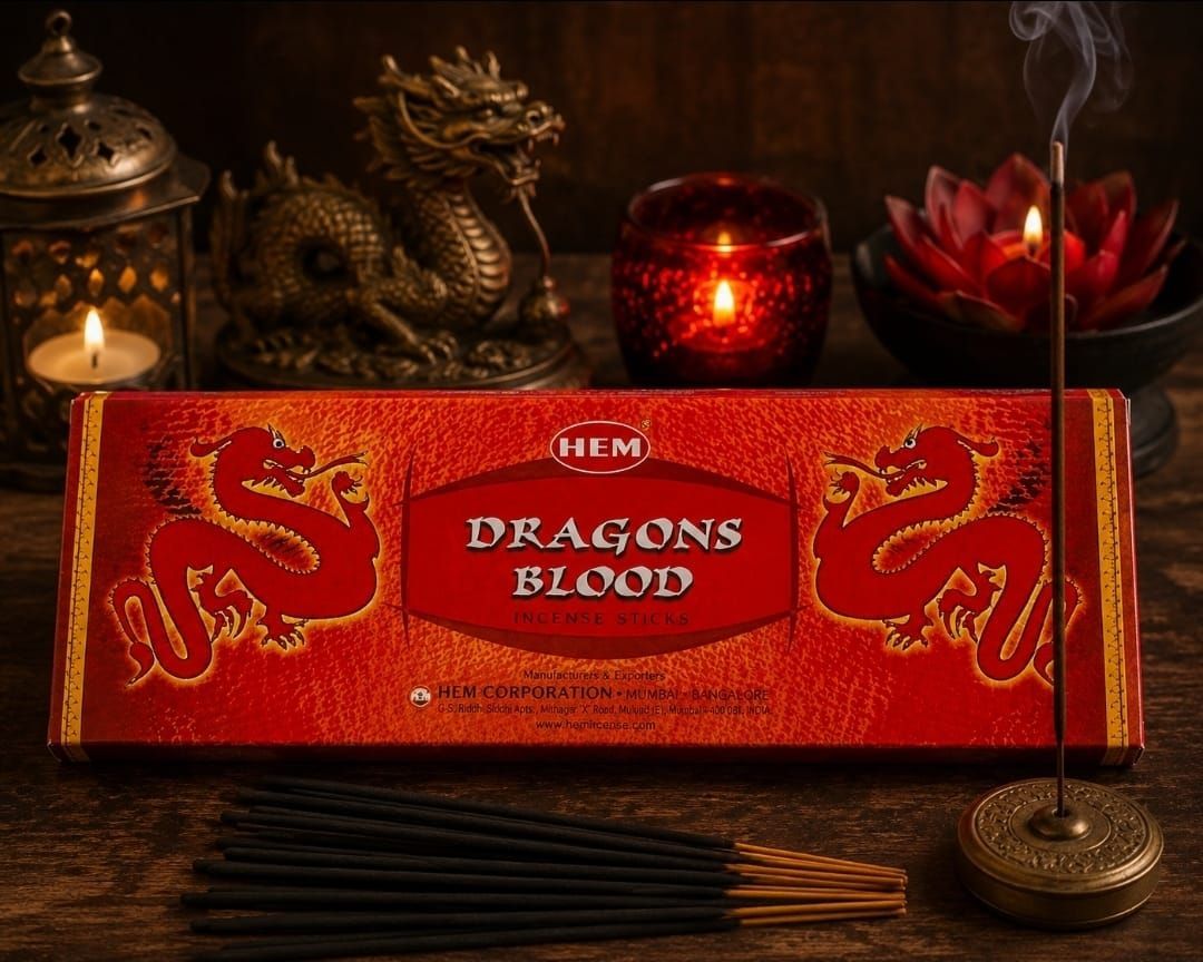 Een doosje Red Dragons Blood wierook op een altaar bij kaarslicht, met rook, rode kaarsen, wierookstokjes en decoratieve draken.