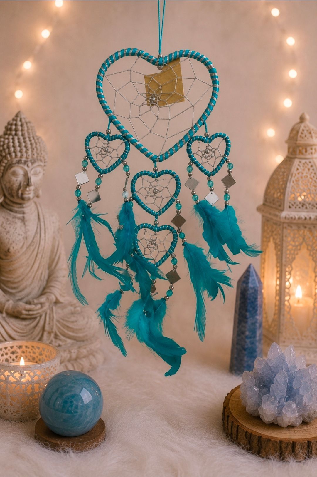 Een turquoise dromenvanger met veren hangt tussen Boeddhabeelden, kaarsen en sfeervolle lichtslingers.