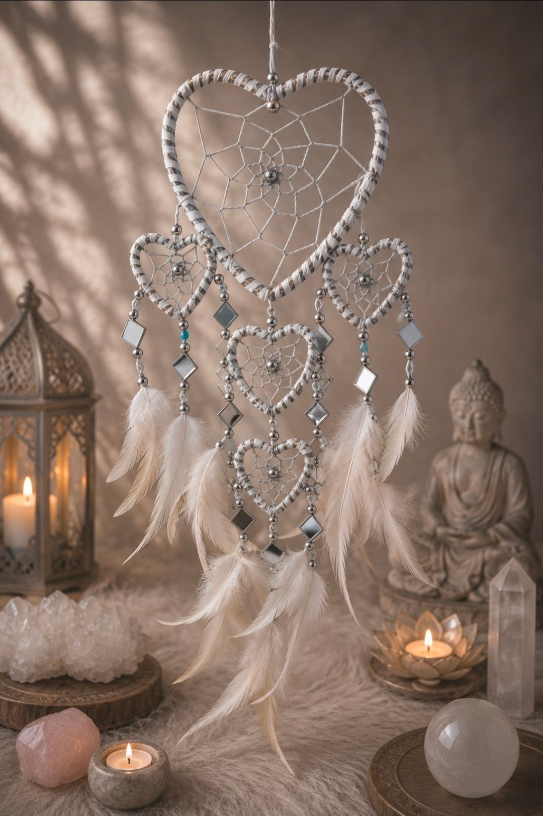 Boho kristallen dromenvanger met witte veren, kaarsen, een lantaarn en een Boeddhabeeld op een zachte, neutrale achtergrond.