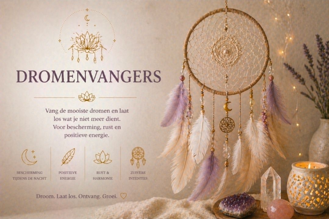 Poster met dromenvanger-thema, een zachtbeige achtergrond, veren, kaarsen en decoratieve tekst over dromenvangers.