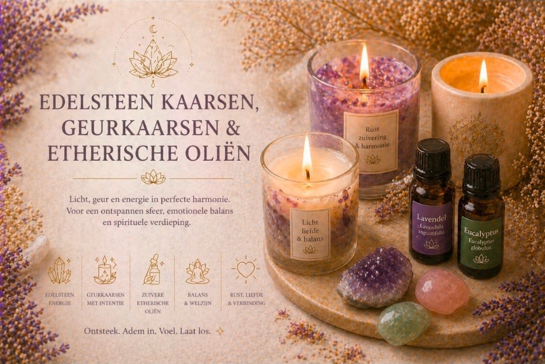 Geurkaarsen, kristallen en flesjes etherische olie naast Nederlandse tekst op een warme tafel.