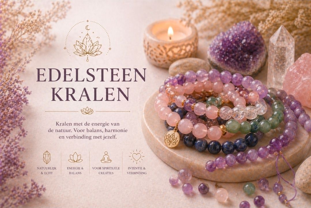 Sieradenpresentatie van Edelsteen Kralen met kleurrijke armbanden en ringen met edelstenen op een zachtroze achtergrond.