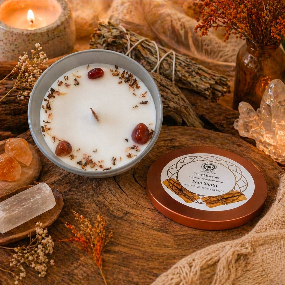 Geurkaars met herfstthema in een grijs blikje met gedroogde planten, houten decoratie, kristallen en een bijpassend deksel.