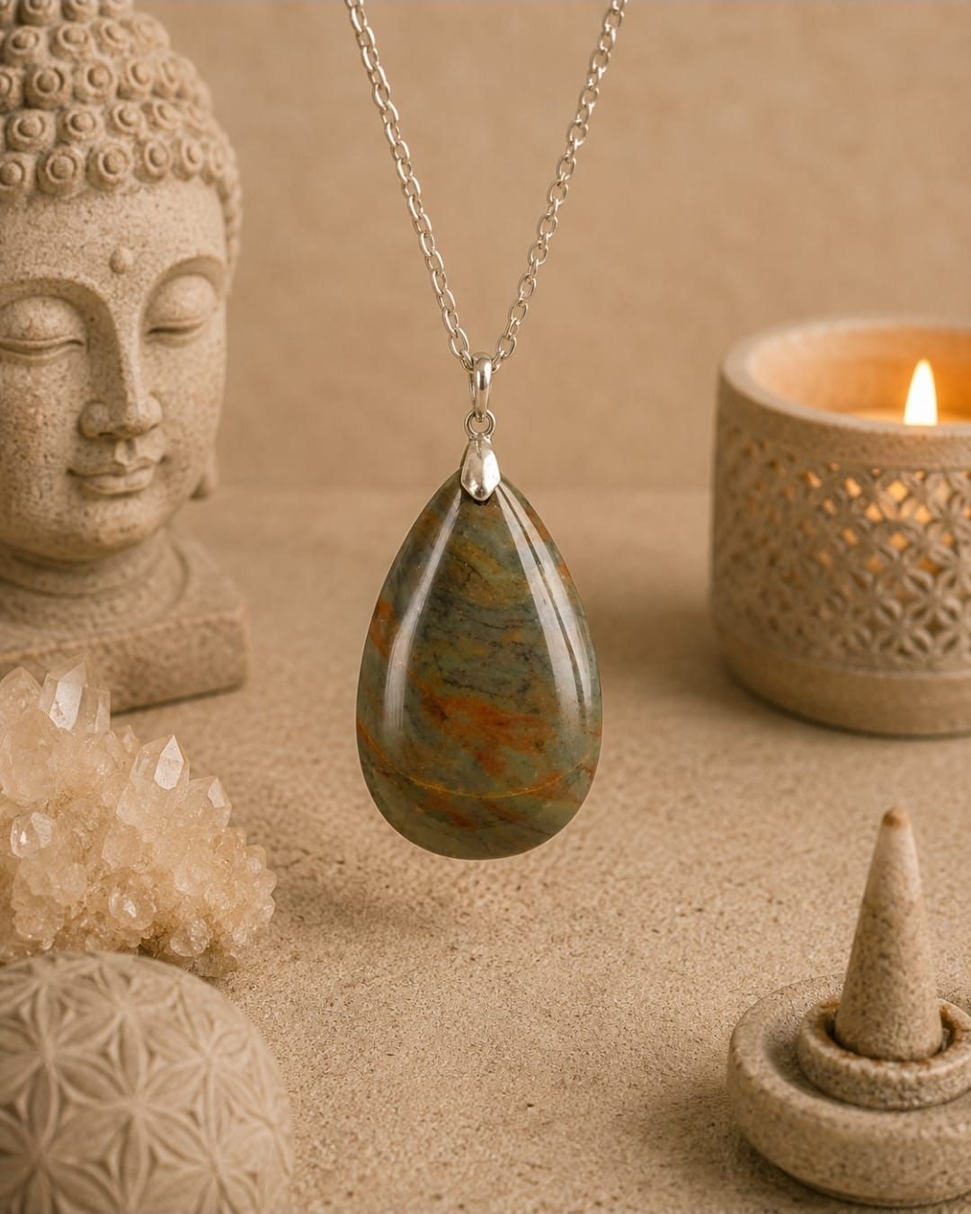 Boeddhabeeld met kristal, een ketting met een druppelvormige hanger, een kaars en wierook in een serene spa-omgeving.