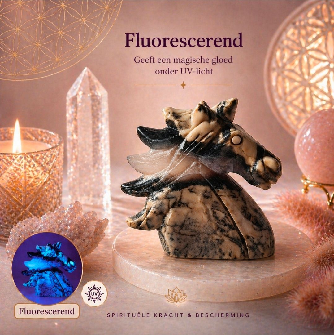 Surrealistische roze advertentie met gloeiende kristallen, een zittende figuur en het woord