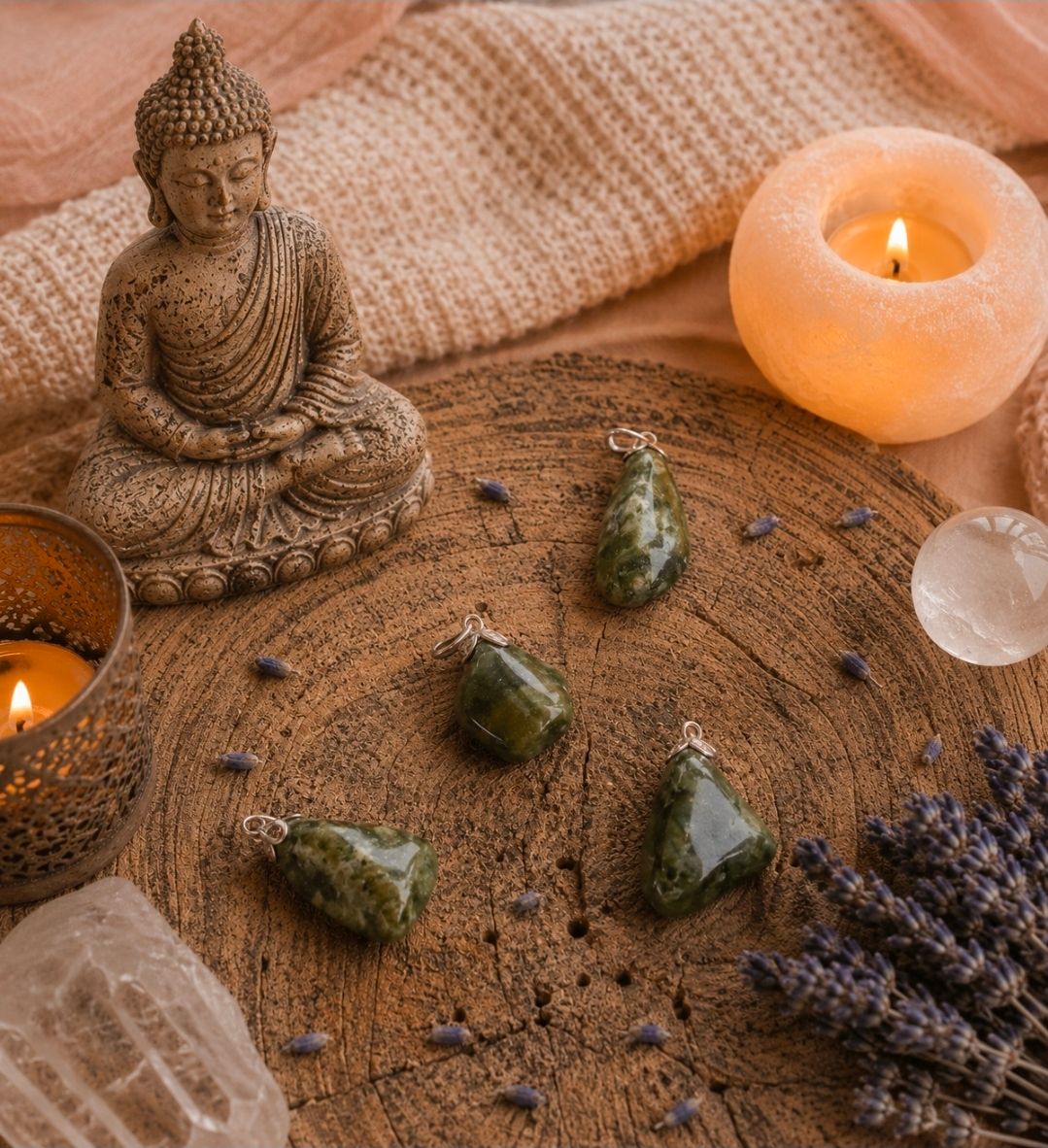 Boeddhabeeldje op een geweven mat met kaarsen, kristallen en gedroogde lavendel in een warme, spa-achtige omgeving.