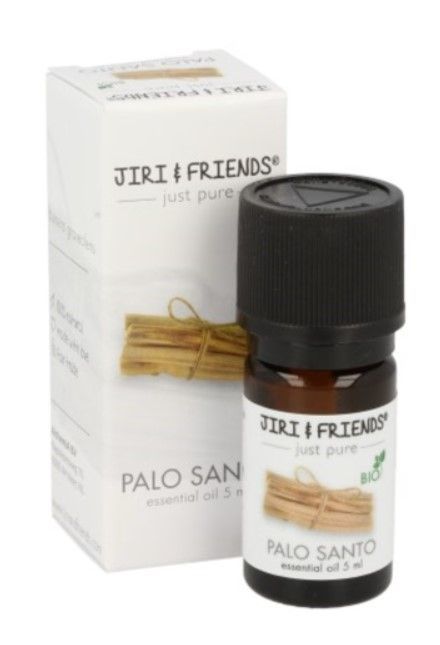 Flesje Jiri & Friends Palo Santo etherische olie met doos, zwarte dop en touwtje als accent.