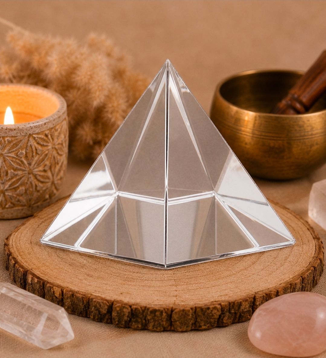 Een gefacetteerde piramide van helder kristal op een houten schijf met kaarsen en stenen in een warme, spa-achtige omgeving.