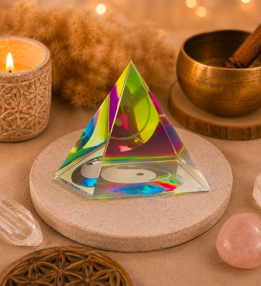 Kleurrijke kristallen piramide op een beige stenen onderzetter, omringd door kaarsen en een klankschaal in een warme spa-omgeving.