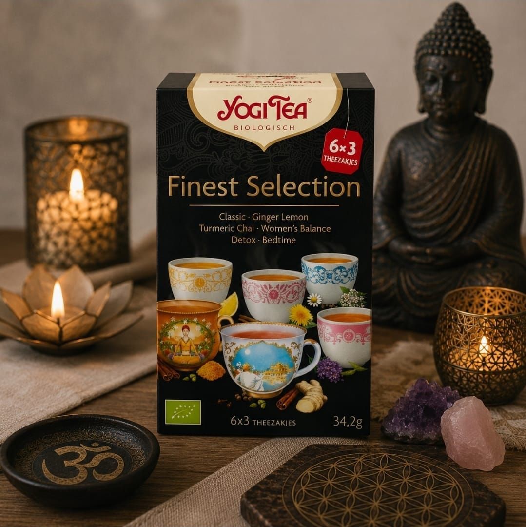 Een geschenkdoos van Yogi Tea met kleurrijke theekopjes op een tafeltje naast kaarsen, een Boeddhabeeldje