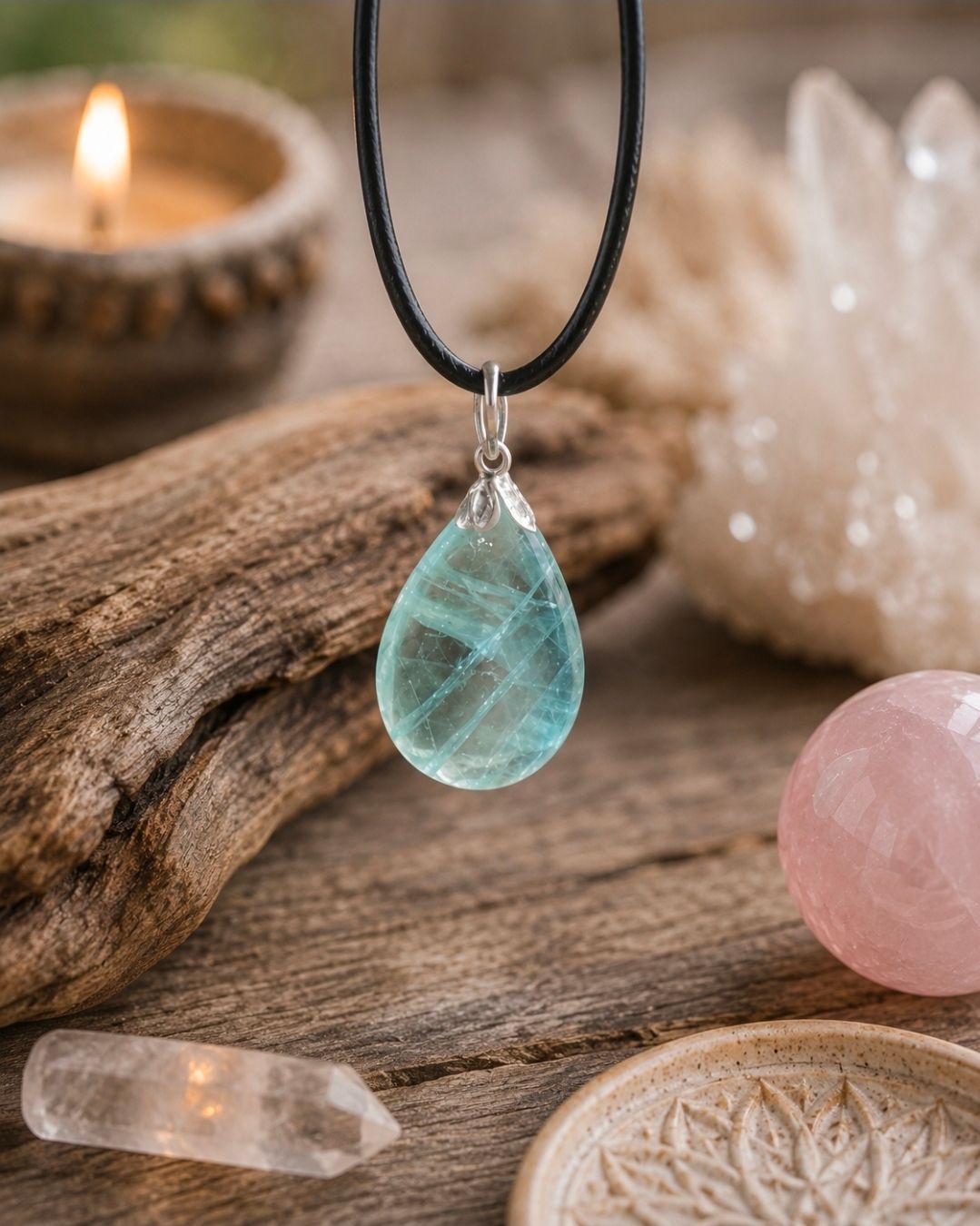 Een ketting met een turquoise hanger aan een stuk drijfhout, versierd met kaarsen, kristallen en een roze stenen ornament.